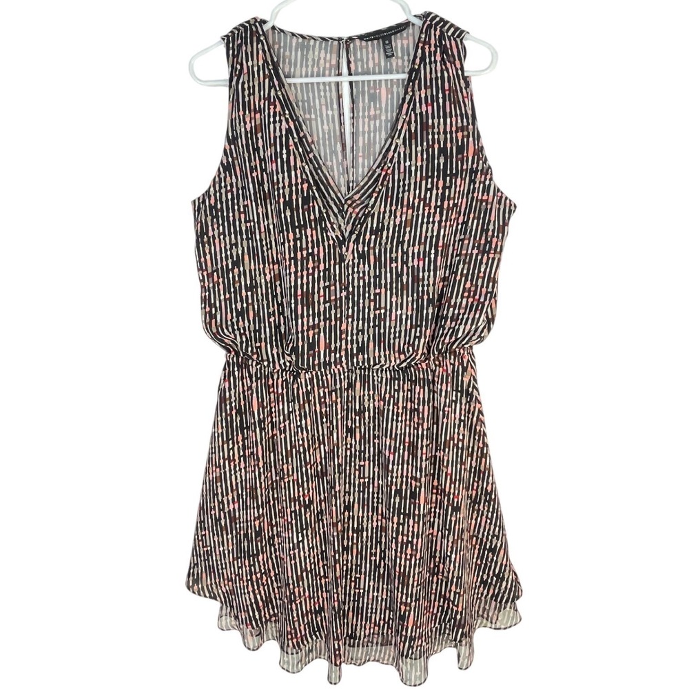 White House Black Market Geometric Stripe Studded V-Neck Dress Black Pink 12